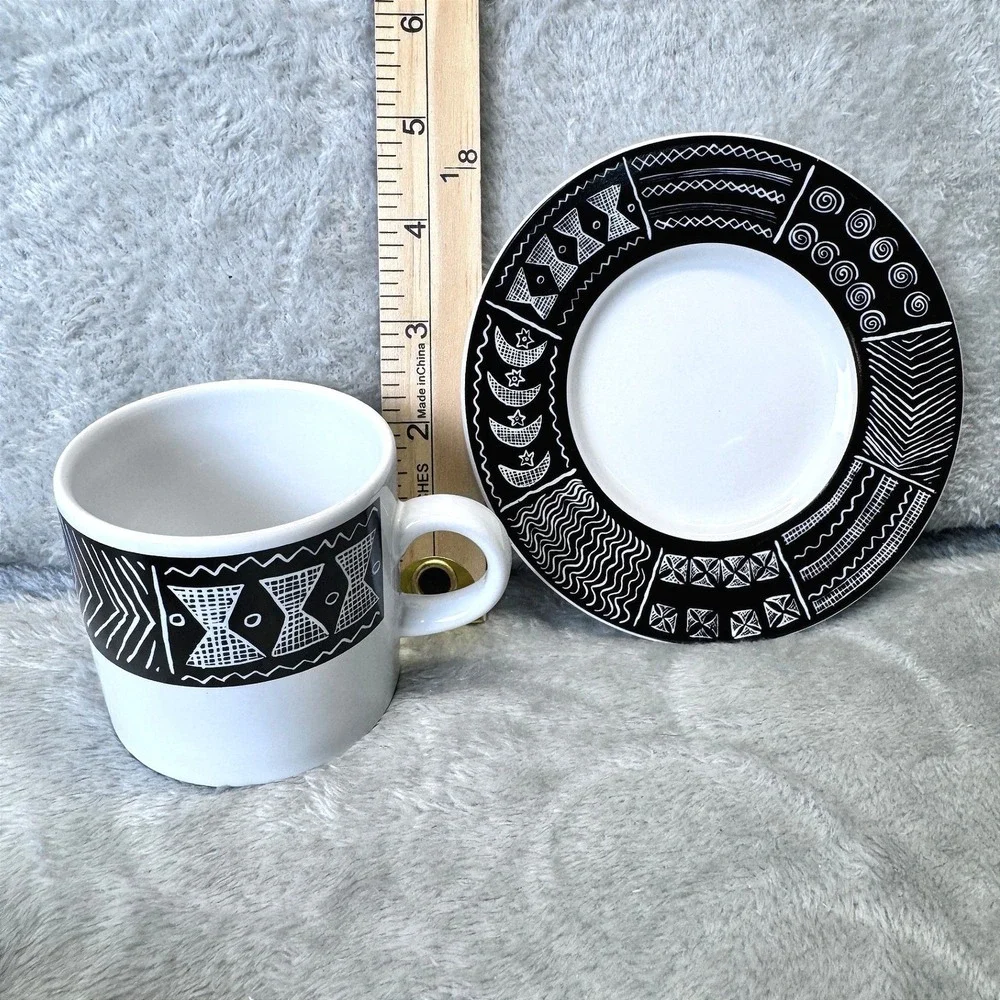 Sakura Batik Cup & Saucer Dessert Set Black White Stoneware Sue Zipkin 1993‎